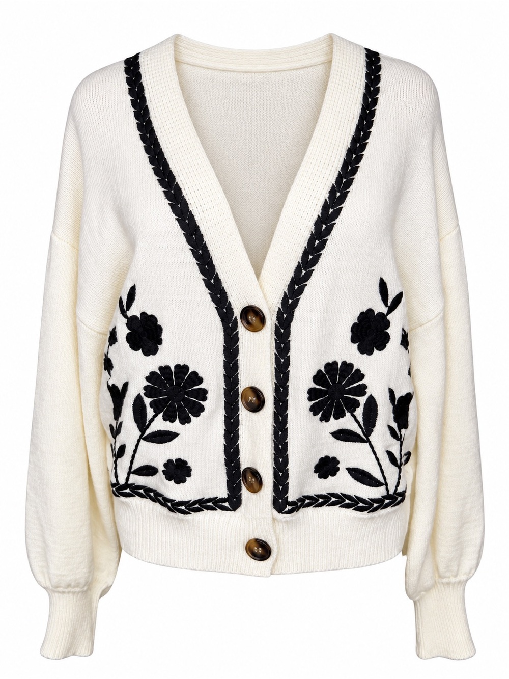 Altar’d State Women’s Medium Floral Embroidered Cardigan Sweater Ivory Black
